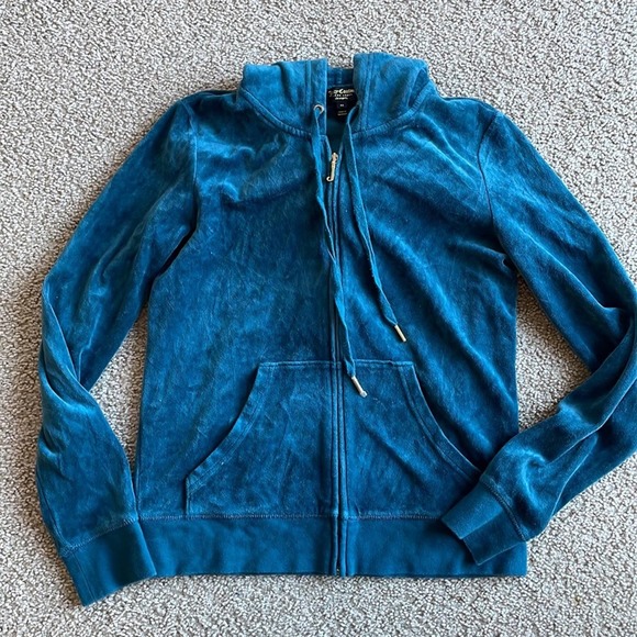 Juicy Couture Velour TrackSuit Zip hoodie medium teal bling rhinestone crown - Picture 3 of 6